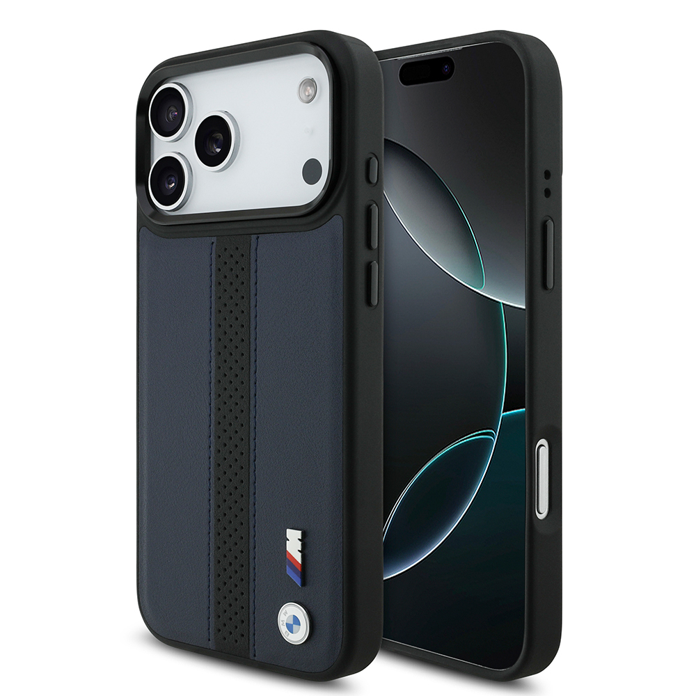 Apple iPhone 17 Pro Max Uyumlu Kılıf BMW Orjinal Lisanslı M-safe Şarj Özellikli Deri Arka Yüzey Metal Logolu Delikli Şerit Tasarımlı Kapak