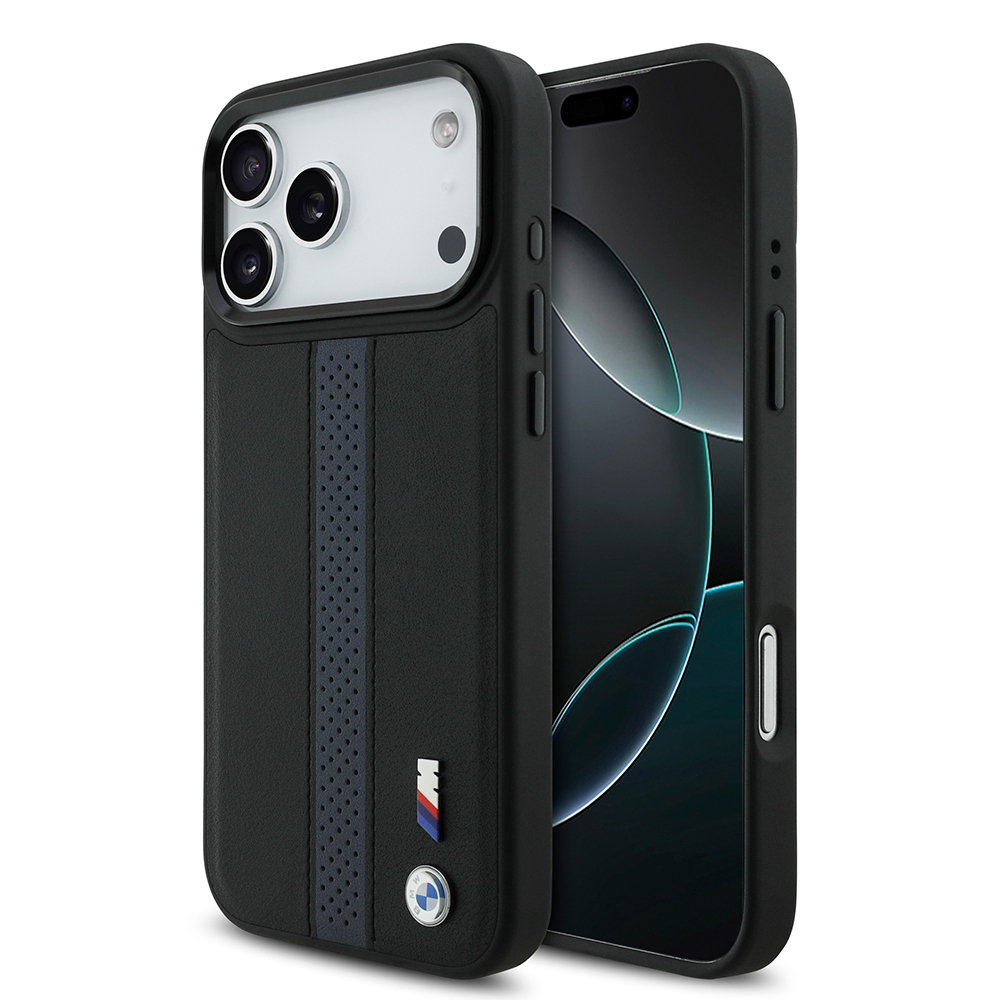 Apple iPhone 17 Pro Max Uyumlu Kılıf BMW Orjinal Lisanslı M-safe Şarj Özellikli Deri Arka Yüzey Metal Logolu Delikli Şerit Tasarımlı Kapak