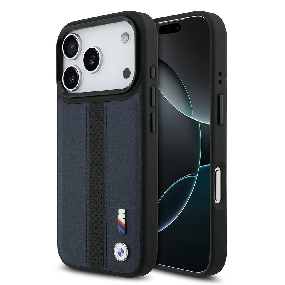 Apple iPhone 17 Pro Uyumlu Kılıf BMW Orjinal Lisanslı M-safe Şarj Özellikli Deri Arka Yüzey Metal Logolu Delikli Şerit Tasarımlı Kapak