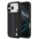 Apple iPhone 17 Pro Uyumlu Kılıf BMW Orjinal Lisanslı M-safe Şarj Özellikli Deri Arka Yüzey Metal Logolu Delikli Şerit Tasarımlı Kapak
