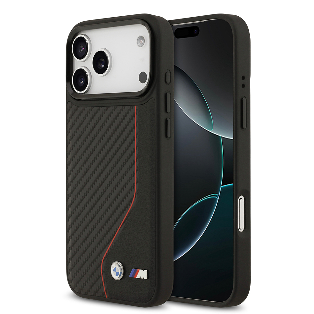 Apple iPhone 17 Pro Max Uyumlu Kılıf BMW Orjinal Lisanslı M-safe Şarj Özellikli Metal BMW ve M Logolu PU Karbon Tasarımlı Kapak