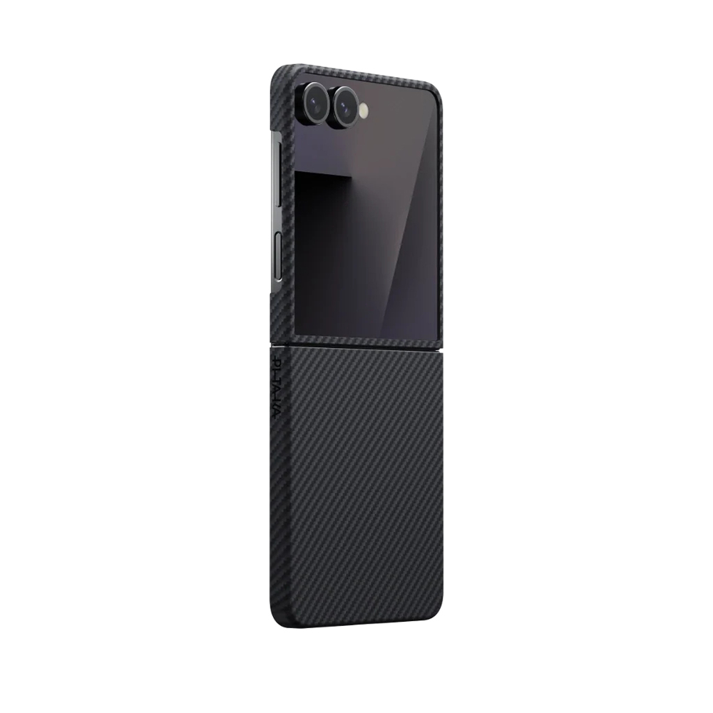 [RNZ-TA123757] Samsung Galaxy Z Flip 7 Uyumlu Kılıf M-safe Şarj Özellikli 600D Aramid Fiber Pitaka Ultra-Slim Classic Serisi Black-Grey Twill Kapak