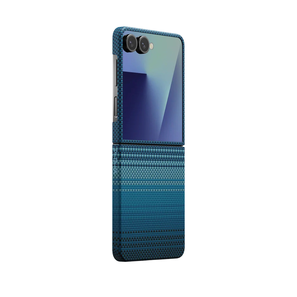 [RNZ-TA123759] Samsung Galaxy Z Flip 7 Uyumlu Kılıf M-safe Şarj Özellikli Aramid Fiber Pitaka Tactile Woven Sunset-Moonrise Serisi Kapak (Mavi)