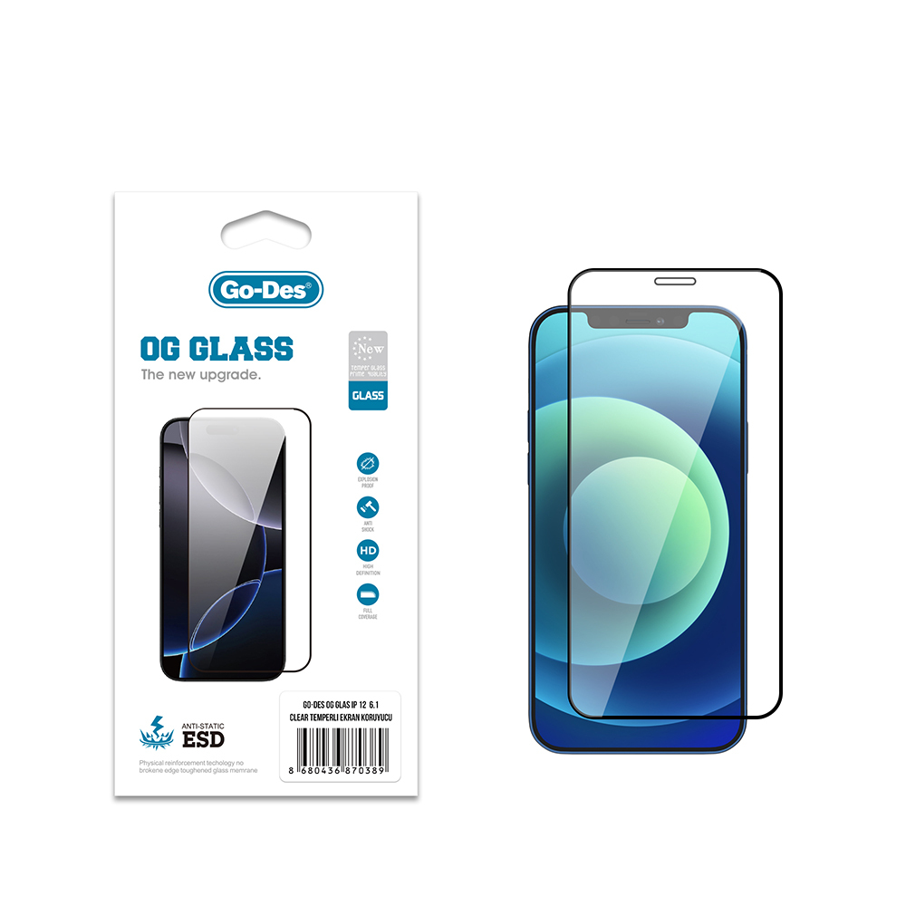 [RNZ-TA121867] Apple iPhone 12 Uyumlu Go Des OG Glass Antistatik Temperli Cam Ekran Koruyucu