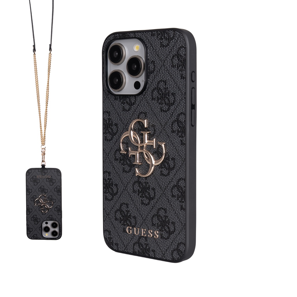 Apple iPhone 15 Pro Max Uyumlu Kılıf Guess Orjinal Lisanslı PU Deri 4G Büyük Metal Logolu Çapraz Vücut Askılı Kapak
