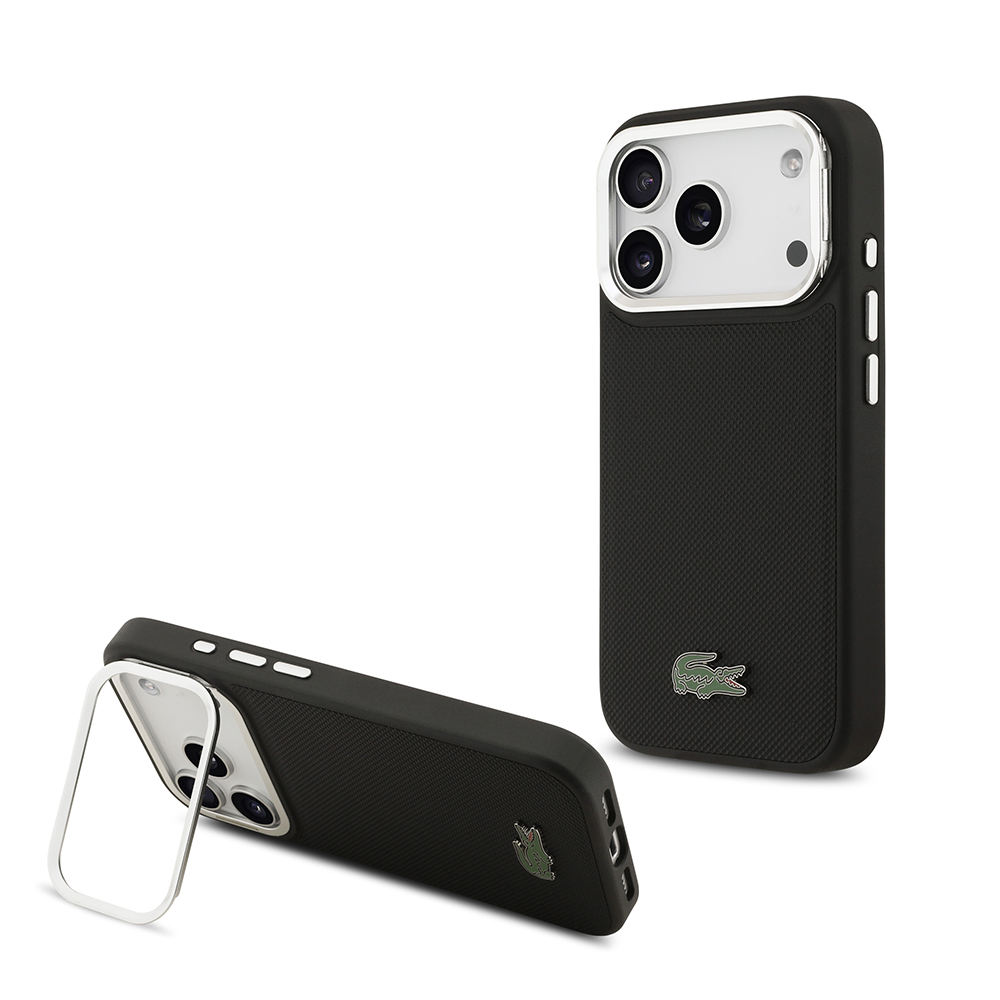 [RNZ-TA123779] Apple iPhone 17 Pro Uyumlu Kılıf Lacoste Orjinal Lisanslı M-safe Şarj Özellikli PU Pike Desenli Standlı Metal Logolu Kapak (Siyah)