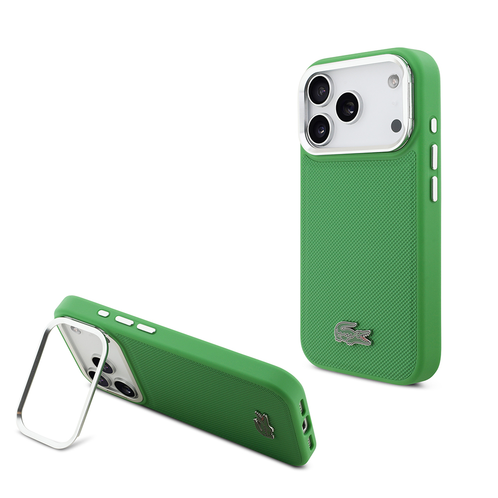 Apple iPhone 17 Pro Uyumlu Kılıf Lacoste Orjinal Lisanslı M-safe Şarj Özellikli PU Pike Desenli Standlı Metal Logolu Kapak