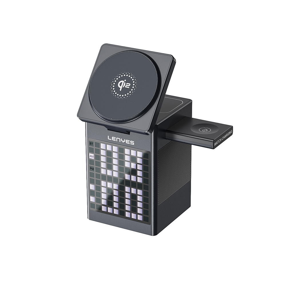 [RNZ-TA124332] Lenyes PW320 Qi2 Şarj Teknolojili Alarmlı Bluetooth Speaker Özellikli Telefon&Akıllı Saat&Kulaklık 15W 6in1 Kablosuz Şarj Standı