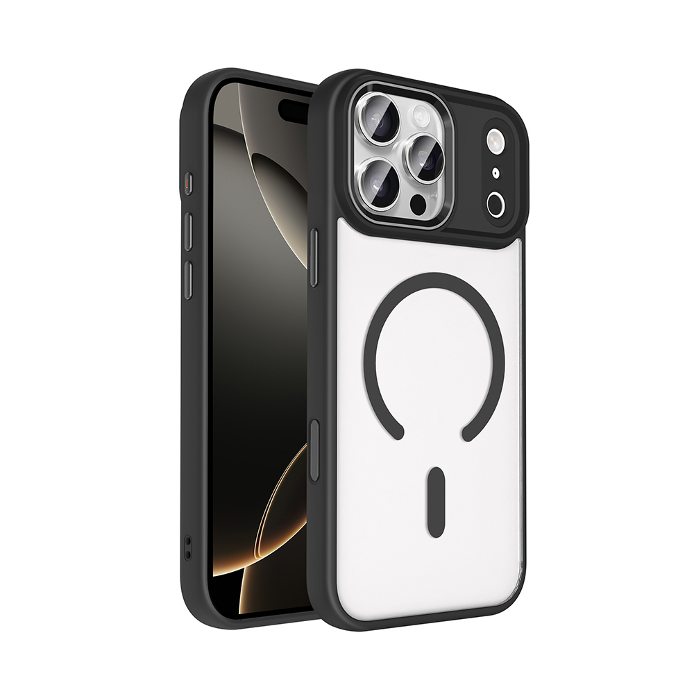 [RNZ-TA123513] Apple iPhone 17 Pro Max Uyumlu Kılıf Wireless Şarj Özellikli Zore Krom M-safe Silikon Kapak (Siyah)