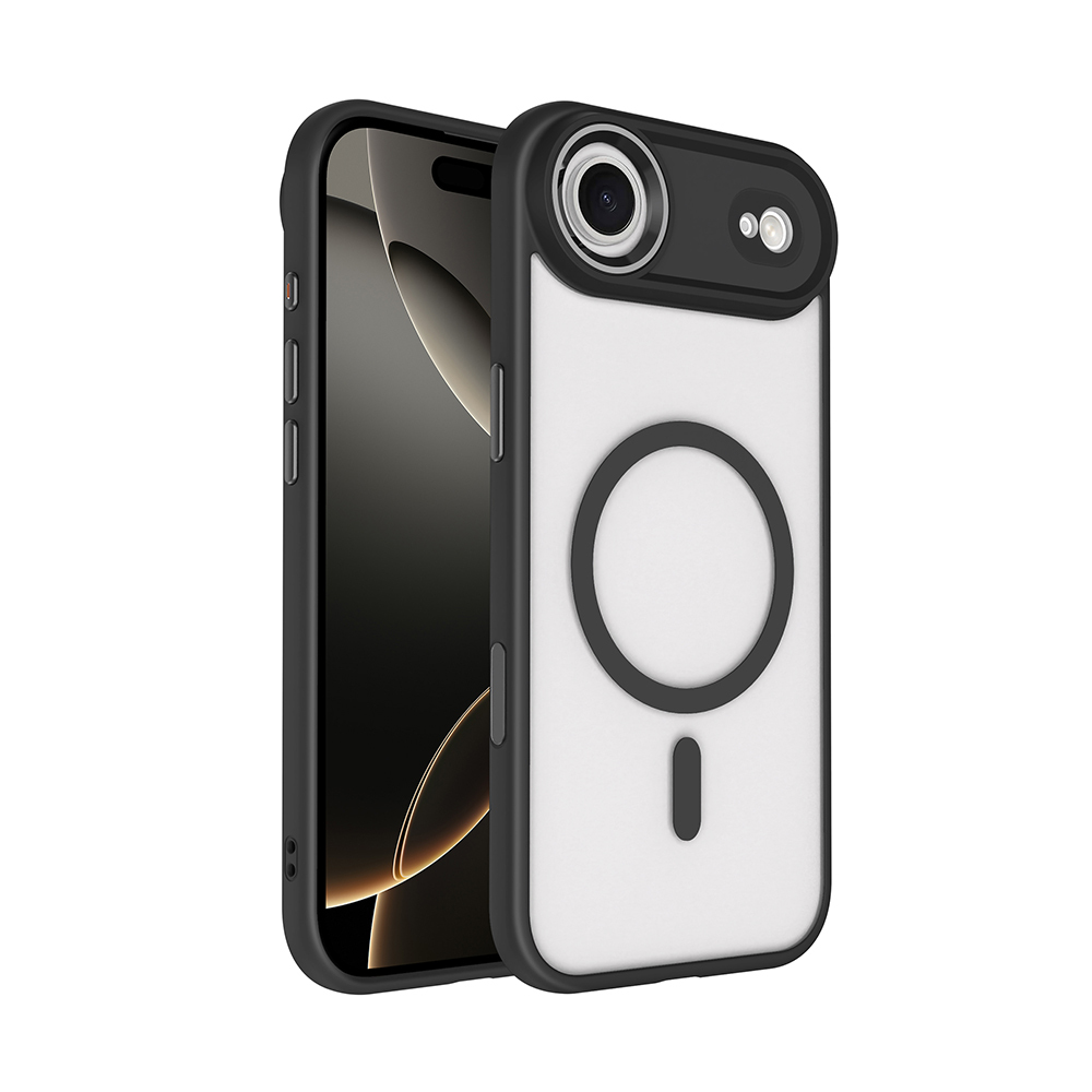 [RNZ-TA123502] Apple iPhone 17 Air Uyumlu Kılıf Wireless Şarj Özellikli Zore Krom M-safe Silikon Kapak (Siyah)