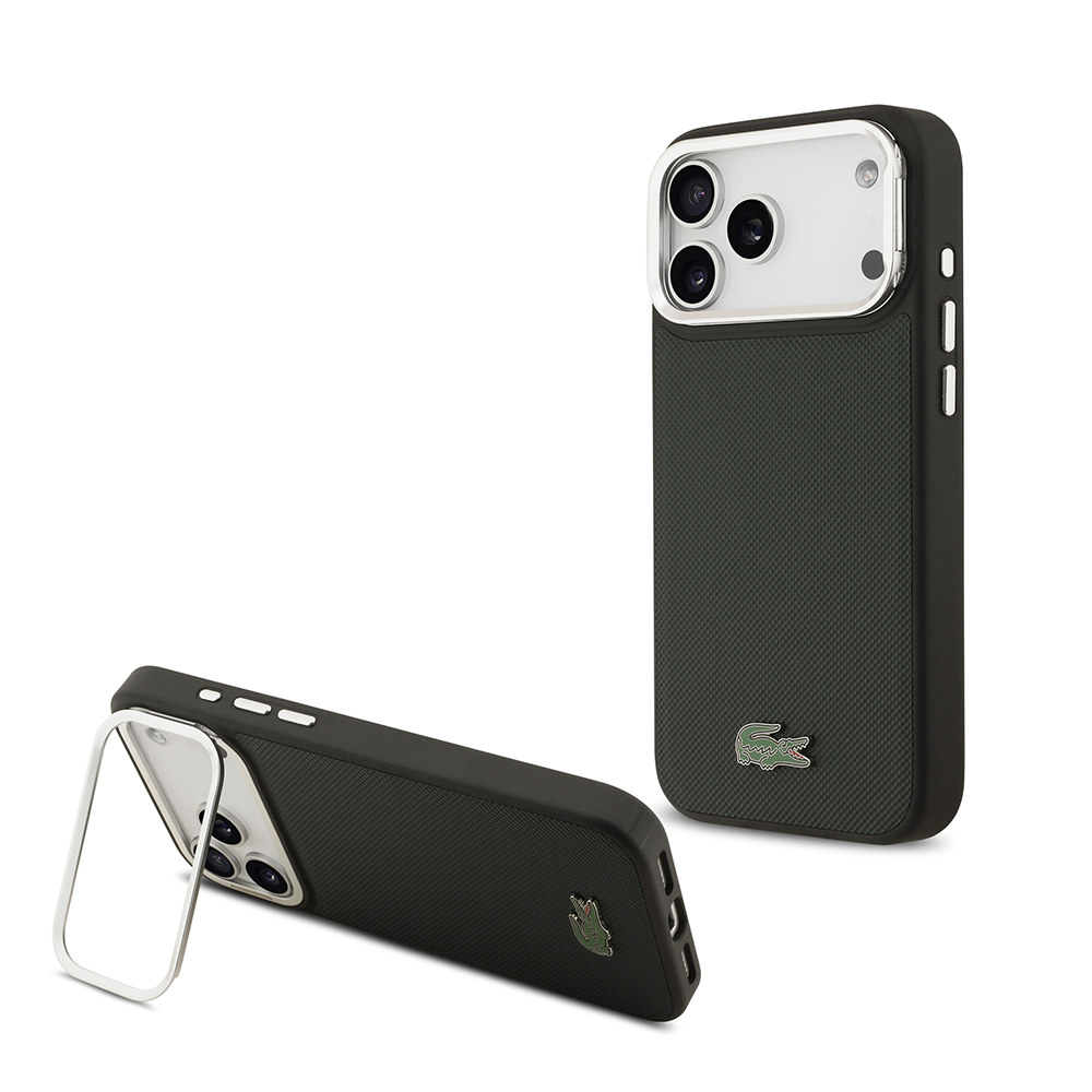 Apple iPhone 17 Pro Max Uyumlu Kılıf Lacoste Orjinal Lisanslı M-safe Şarj Özellikli PU Pike Desenli Standlı Metal Logolu Kapak