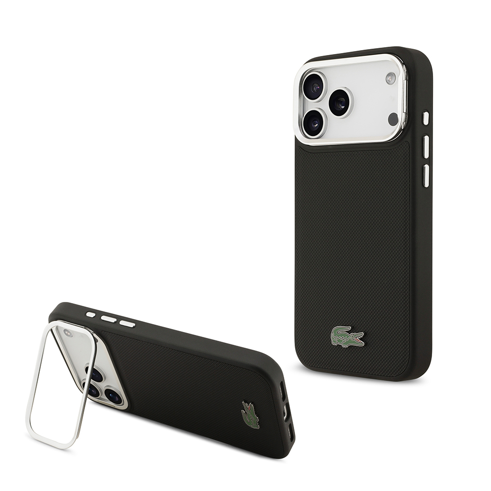 Apple iPhone 17 Pro Max Uyumlu Kılıf Lacoste Orjinal Lisanslı M-safe Şarj Özellikli PU Pike Desenli Standlı Metal Logolu Kapak