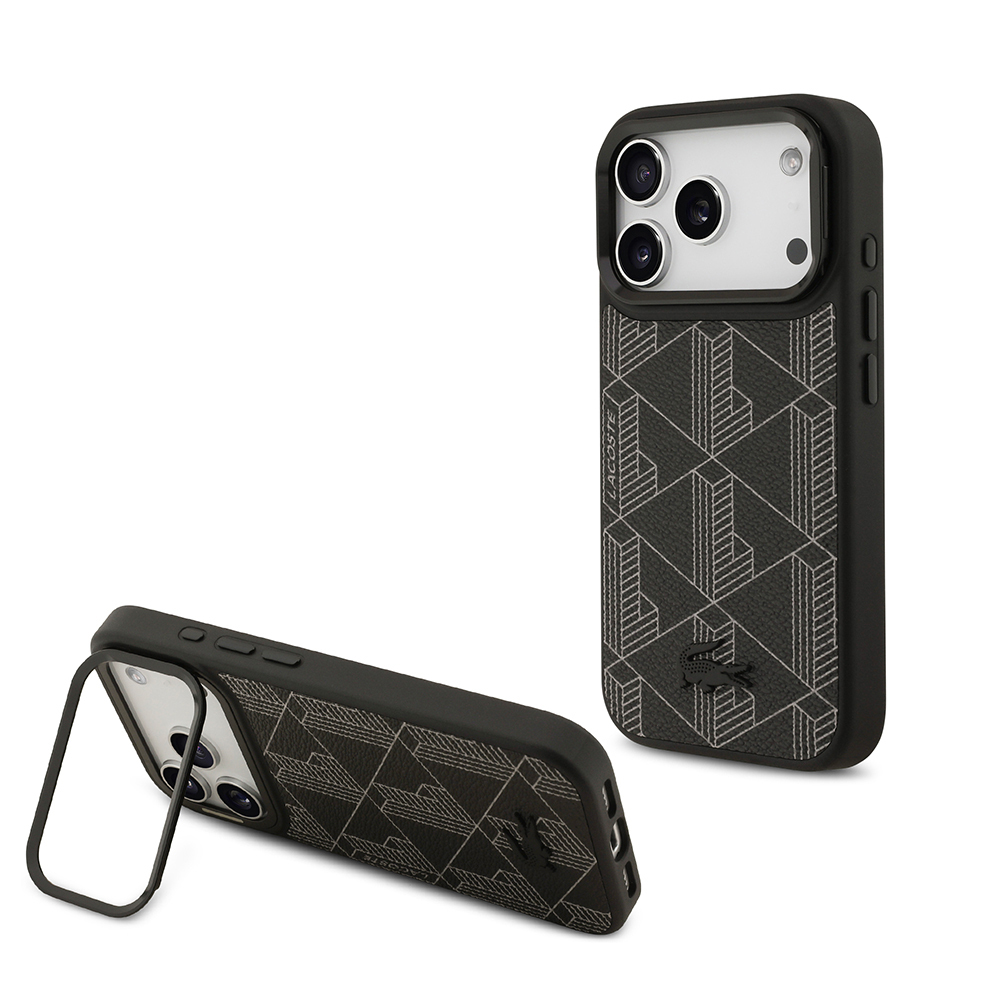 [RNZ-TA124416] Apple iPhone 17 Pro Uyumlu Kılıf Lacoste Orjinal Lisanslı M-safe Şarj Özellikli Standlı PU Deri Karışık Monogram Desenli Kapak (Siyah)