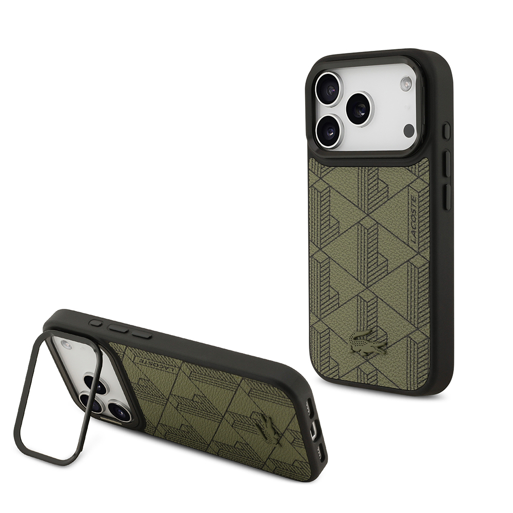 Apple iPhone 17 Pro Uyumlu Kılıf Lacoste Orjinal Lisanslı M-safe Şarj Özellikli Standlı PU Deri Karışık Monogram Desenli Kapak