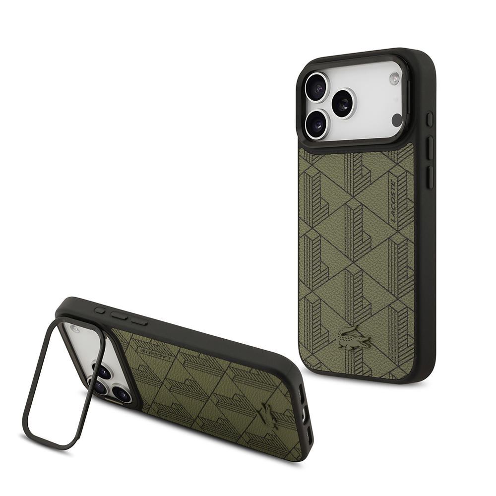 [RNZ-TA124419] Apple iPhone 17 Pro Max Uyumlu Kılıf Lacoste Orjinal Lisanslı M-safe Şarj Özellikli Standlı PU Deri Karışık Monogram Desenli Kapak (Yeşil)