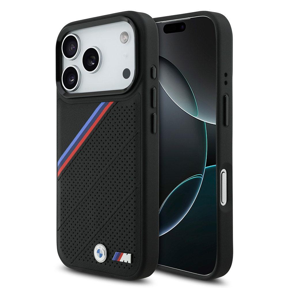 Apple iPhone 17 Pro Uyumlu Kılıf BMW Orjinal Lisanslı M-safe Şarj Özellikli M Logolu Üç Şeritli Delikli Deri Kapak