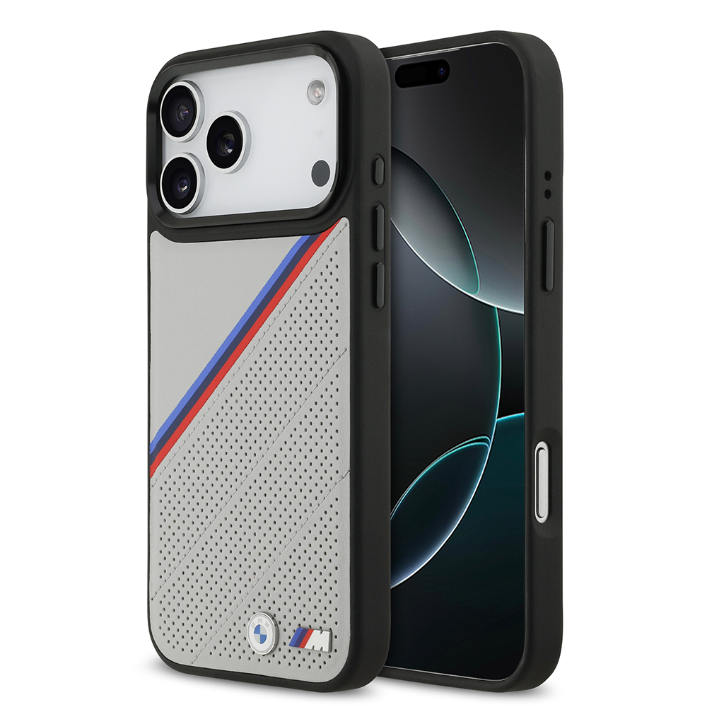 Apple iPhone 17 Pro Max Uyumlu Kılıf BMW Orjinal Lisanslı M-safe Şarj Özellikli M Logolu Üç Şeritli Delikli Deri Kapak