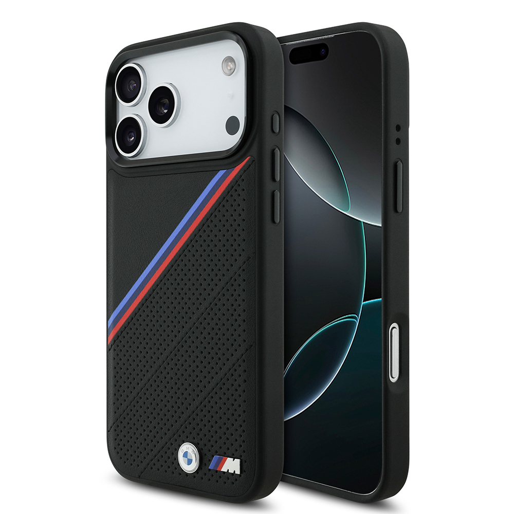 Apple iPhone 17 Pro Max Uyumlu Kılıf BMW Orjinal Lisanslı M-safe Şarj Özellikli M Logolu Üç Şeritli Delikli Deri Kapak
