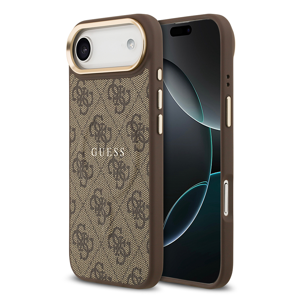 Apple iPhone 17 Air Uyumlu Kılıf Guess Orjinal Lisanslı M-safe Şarj Özellikli Gold Metal Kamera Çerçeveli PU Deri 4G Desenli Yazı Logolu Kapak