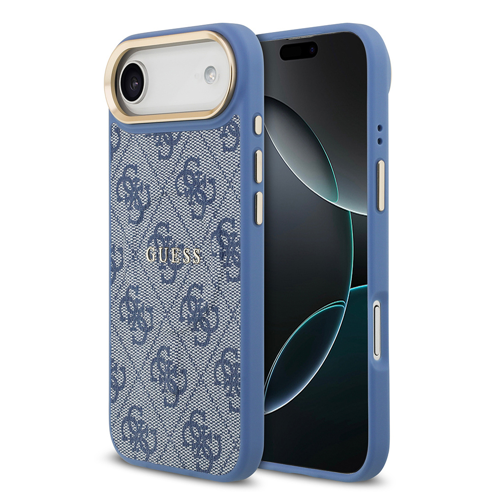 Apple iPhone 17 Air Uyumlu Kılıf Guess Orjinal Lisanslı M-safe Şarj Özellikli Gold Metal Kamera Çerçeveli PU Deri 4G Desenli Yazı Logolu Kapak