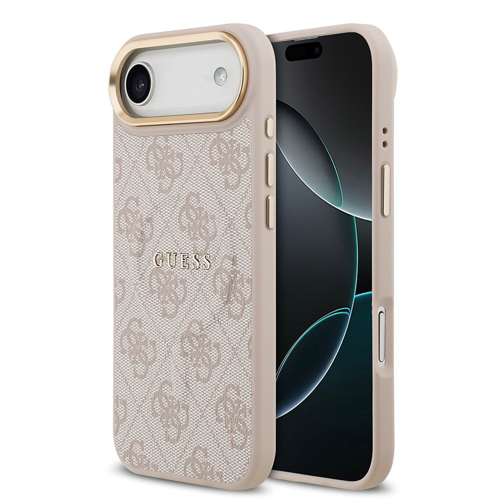 Apple iPhone 17 Air Uyumlu Kılıf Guess Orjinal Lisanslı M-safe Şarj Özellikli Gold Metal Kamera Çerçeveli PU Deri 4G Desenli Yazı Logolu Kapak