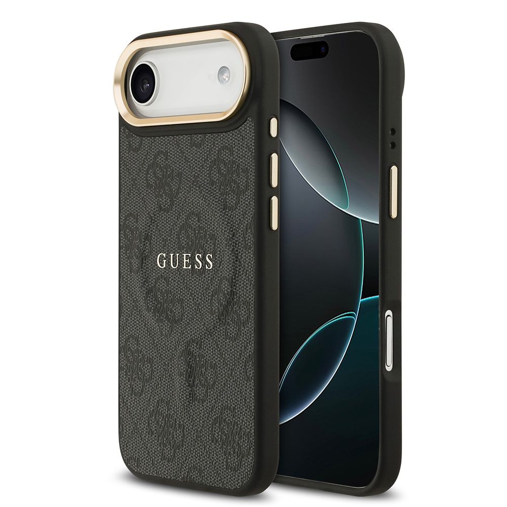 [RNZ-TA124450] Apple iPhone 17 Air Uyumlu Kılıf Guess Orjinal Lisanslı M-safe Şarj Özellikli Gold Metal Kamera Çerçeveli PU Deri 4G Desenli Yazı Logolu Kapak (Siyah)