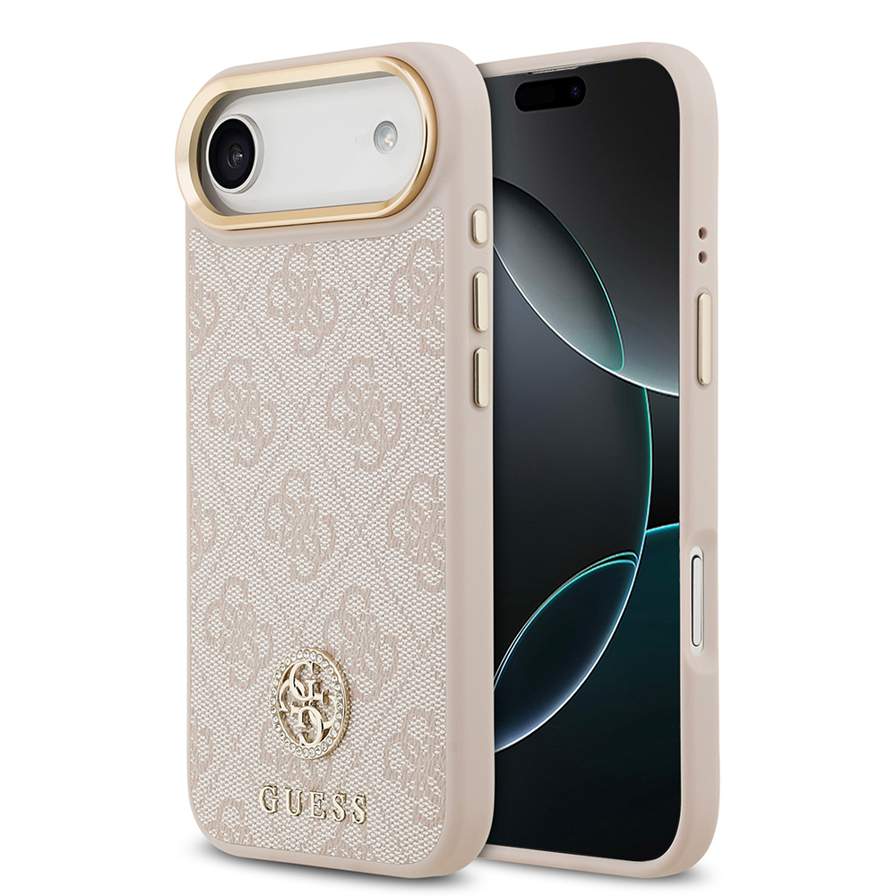 Apple iPhone 17 Air Uyumlu Kılıf Guess Orjinal Lisanslı M-safe Şarj Özellikli Gold Metal Kamera Çerçeveli Taşlı 4G Logolu Kapak