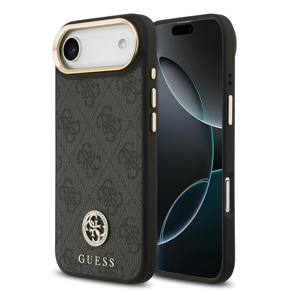 Apple iPhone 17 Air Uyumlu Kılıf Guess Orjinal Lisanslı M-safe Şarj Özellikli Gold Metal Kamera Çerçeveli Taşlı 4G Logolu Kapak