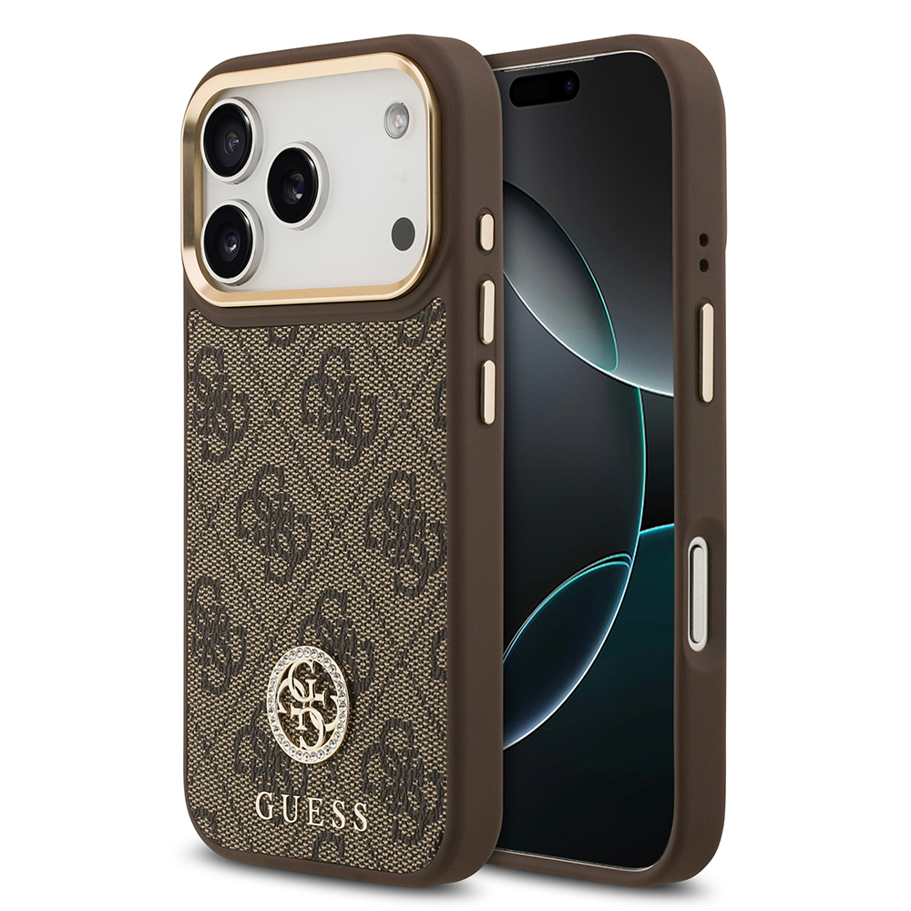 Apple iPhone 17 Pro Uyumlu Kılıf Guess Orjinal Lisanslı M-safe Şarj Özellikli Gold Metal Kamera Çerçeveli Taşlı 4G Logolu Kapak