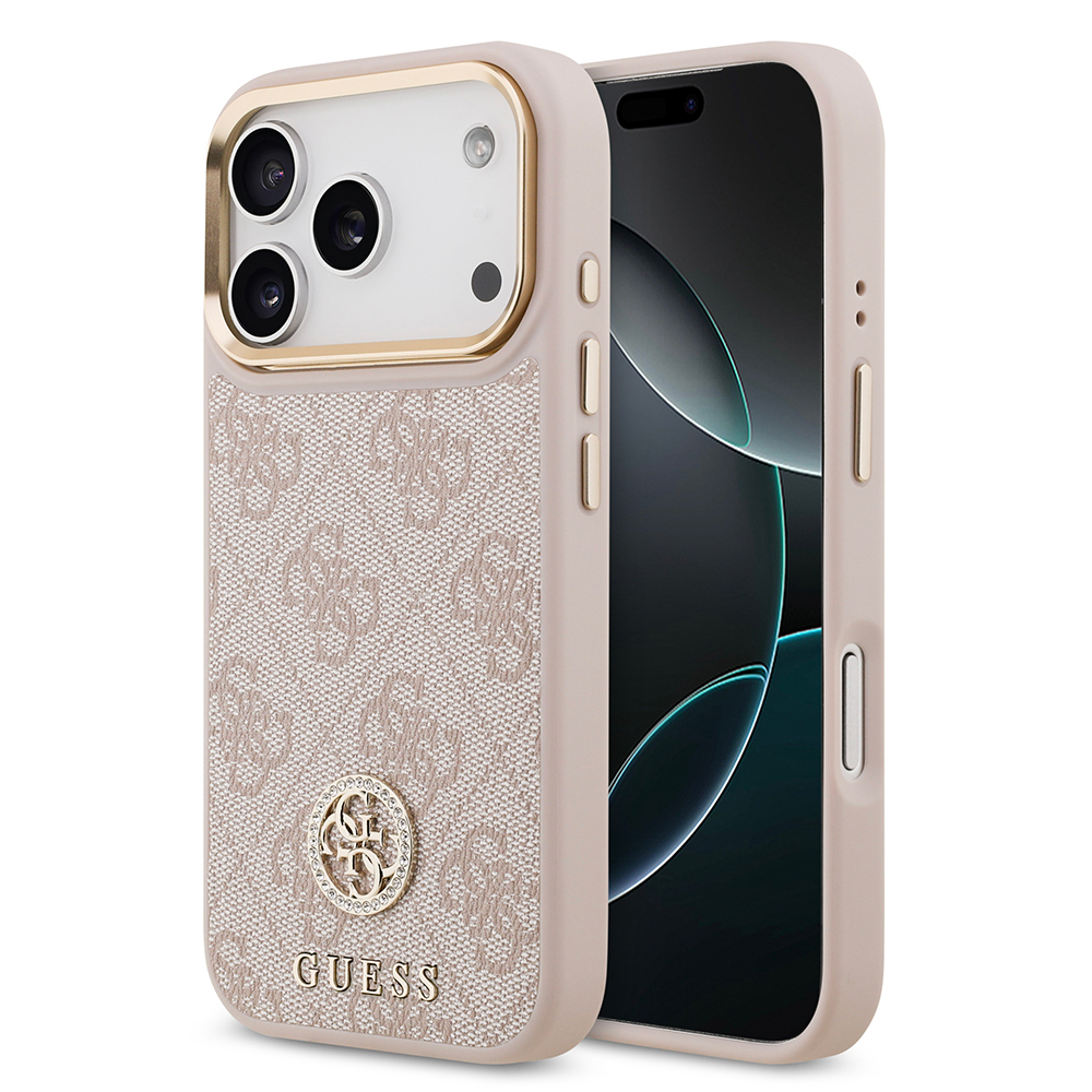 Apple iPhone 17 Pro Uyumlu Kılıf Guess Orjinal Lisanslı M-safe Şarj Özellikli Gold Metal Kamera Çerçeveli Taşlı 4G Logolu Kapak