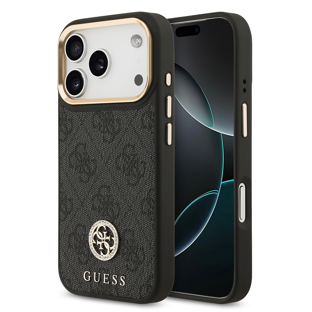 [RNZ-TA124444] Apple iPhone 17 Pro Uyumlu Kılıf Guess Orjinal Lisanslı M-safe Şarj Özellikli Gold Metal Kamera Çerçeveli Taşlı 4G Logolu Kapak (Siyah)