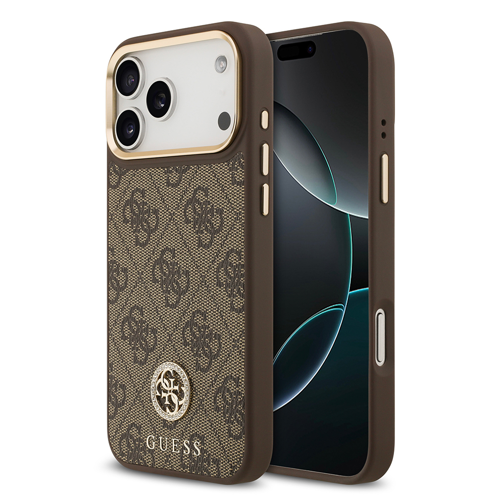 Apple iPhone 17 Pro Max Uyumlu Kılıf Guess Orjinal Lisanslı M-safe Şarj Özellikli Gold Metal Kamera Çerçeveli Taşlı 4G Logolu Kapak