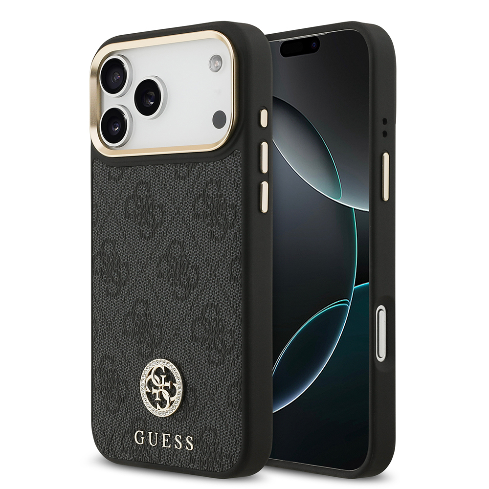 [RNZ-TA124446] Apple iPhone 17 Pro Max Uyumlu Kılıf Guess Orjinal Lisanslı M-safe Şarj Özellikli Gold Metal Kamera Çerçeveli Taşlı 4G Logolu Kapak (Siyah)