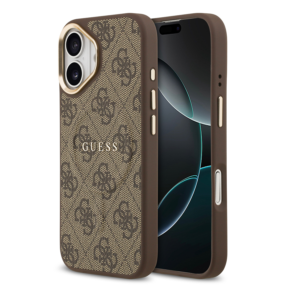 Apple iPhone 17 Uyumlu Kılıf Guess Orjinal Lisanslı M-safe Şarj Özellikli Gold Metal Kamera Çerçeveli PU Deri 4G Desenli Yazı Logolu Kapak