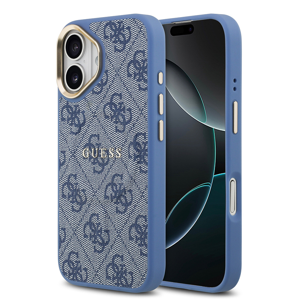 Apple iPhone 17 Uyumlu Kılıf Guess Orjinal Lisanslı M-safe Şarj Özellikli Gold Metal Kamera Çerçeveli PU Deri 4G Desenli Yazı Logolu Kapak