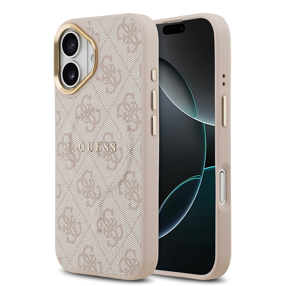 Apple iPhone 17 Uyumlu Kılıf Guess Orjinal Lisanslı M-safe Şarj Özellikli Gold Metal Kamera Çerçeveli PU Deri 4G Desenli Yazı Logolu Kapak