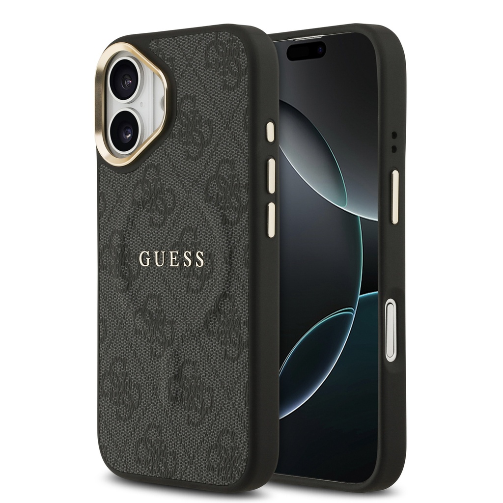 [RNZ-TA124448] Apple iPhone 17 Uyumlu Kılıf Guess Orjinal Lisanslı M-safe Şarj Özellikli Gold Metal Kamera Çerçeveli PU Deri 4G Desenli Yazı Logolu Kapak (Siyah)