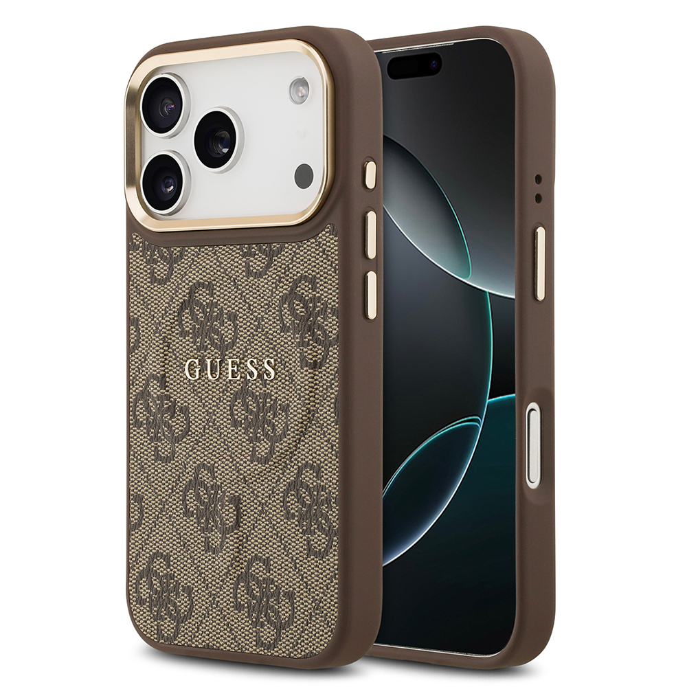 Apple iPhone 17 Pro Uyumlu Kılıf Guess Orjinal Lisanslı M-safe Şarj Özellikli Gold Metal Kamera Çerçeveli PU Deri 4G Desenli Yazı Logolu Kapak