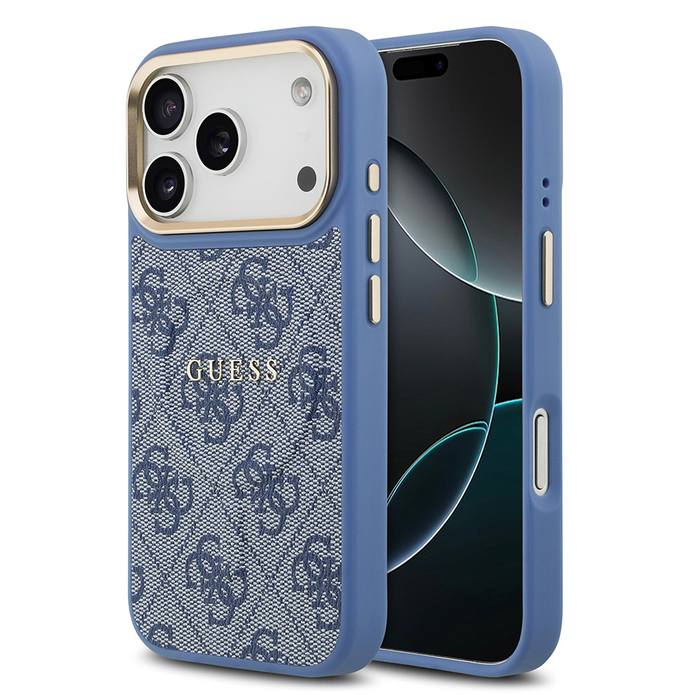 Apple iPhone 17 Pro Uyumlu Kılıf Guess Orjinal Lisanslı M-safe Şarj Özellikli Gold Metal Kamera Çerçeveli PU Deri 4G Desenli Yazı Logolu Kapak