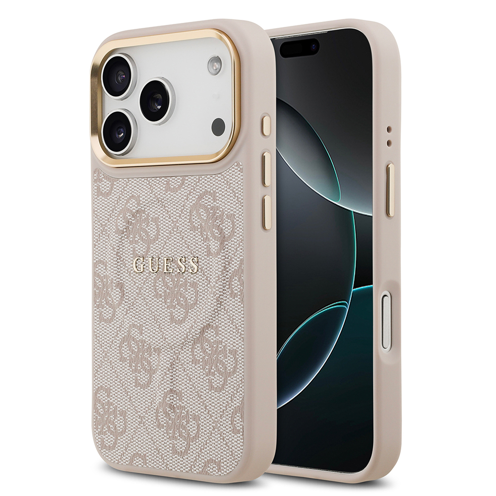 Apple iPhone 17 Pro Uyumlu Kılıf Guess Orjinal Lisanslı M-safe Şarj Özellikli Gold Metal Kamera Çerçeveli PU Deri 4G Desenli Yazı Logolu Kapak