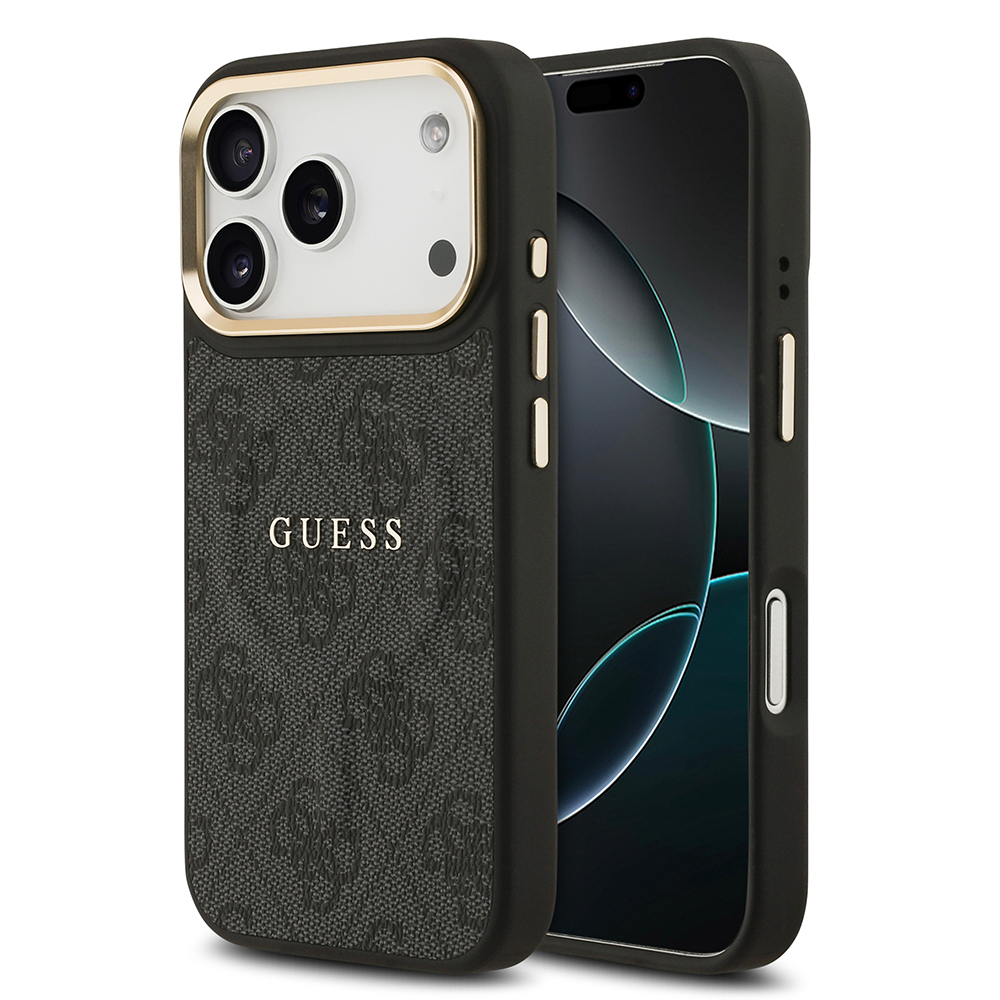 Apple iPhone 17 Pro Uyumlu Kılıf Guess Orjinal Lisanslı M-safe Şarj Özellikli Gold Metal Kamera Çerçeveli PU Deri 4G Desenli Yazı Logolu Kapak
