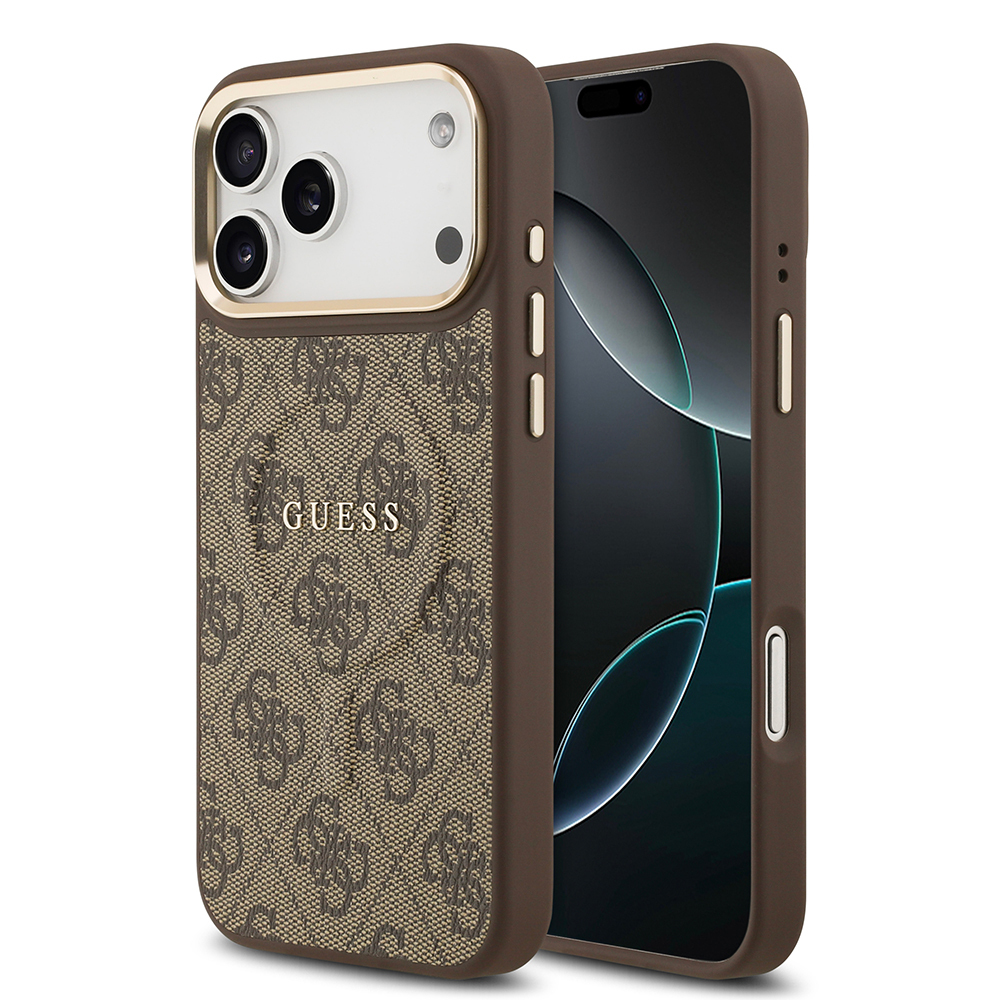 Apple iPhone 17 Pro Max Uyumlu Kılıf Guess Orjinal Lisanslı M-safe Şarj Özellikli Gold Metal Kamera Çerçeveli PU Deri 4G Desenli Yazı Logolu Kapak