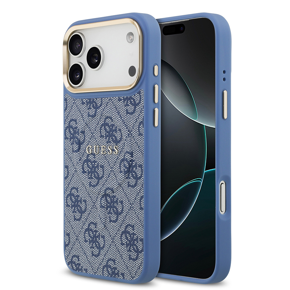 Apple iPhone 17 Pro Max Uyumlu Kılıf Guess Orjinal Lisanslı M-safe Şarj Özellikli Gold Metal Kamera Çerçeveli PU Deri 4G Desenli Yazı Logolu Kapak