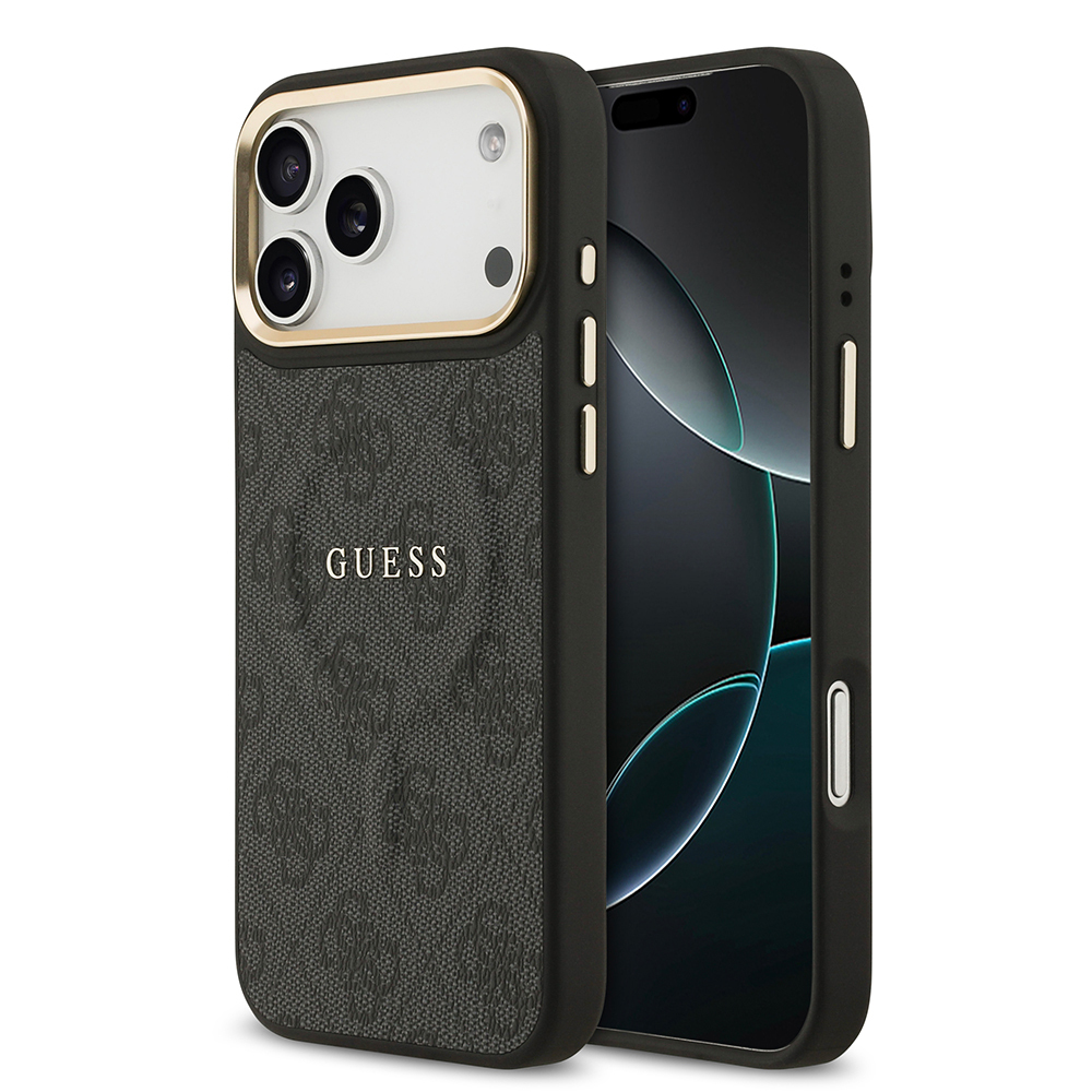 Apple iPhone 17 Pro Max Uyumlu Kılıf Guess Orjinal Lisanslı M-safe Şarj Özellikli Gold Metal Kamera Çerçeveli PU Deri 4G Desenli Yazı Logolu Kapak
