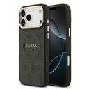 Apple iPhone 17 Pro Max Uyumlu Kılıf Guess Orjinal Lisanslı M-safe Şarj Özellikli Gold Metal Kamera Çerçeveli PU Deri 4G Desenli Yazı Logolu Kapak