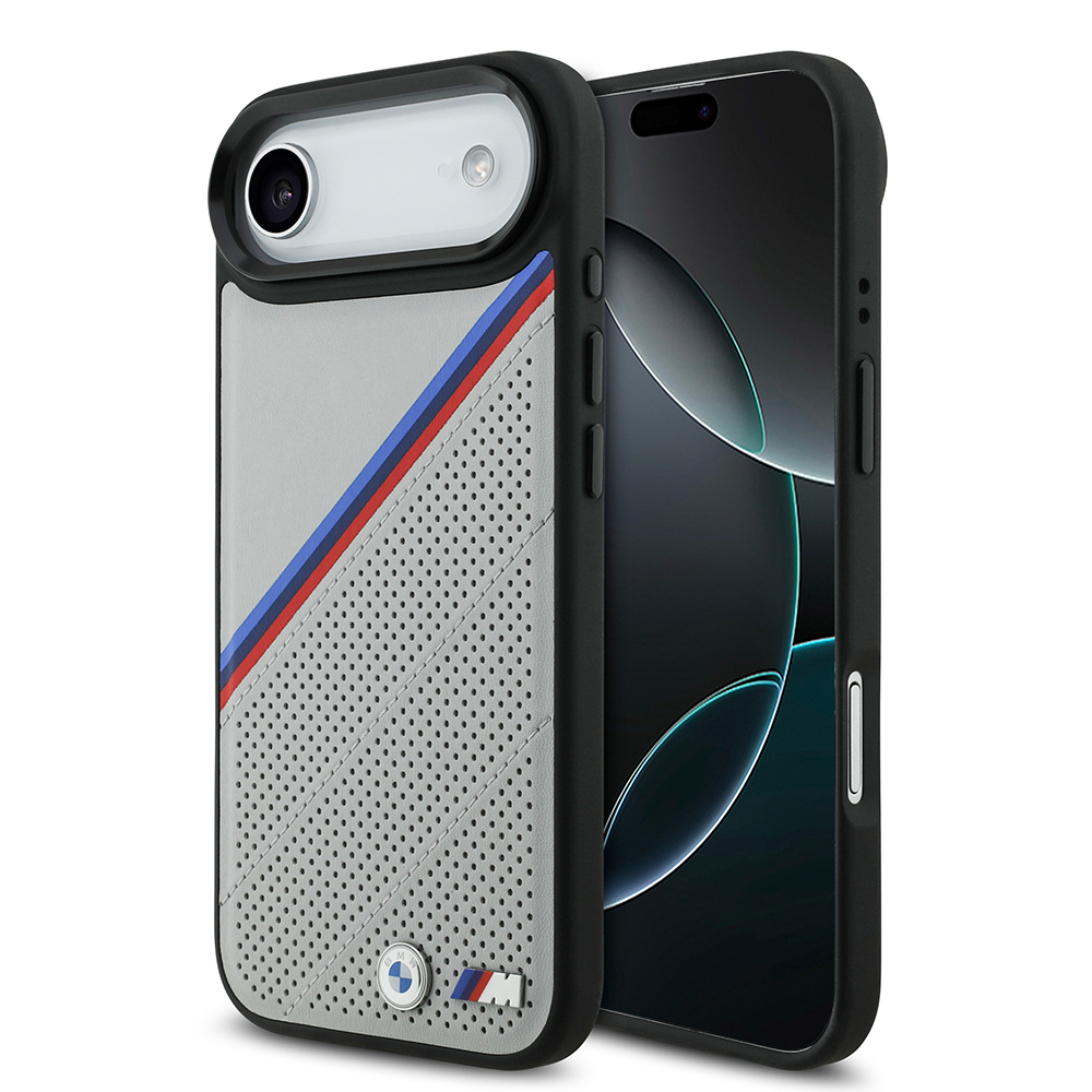Apple iPhone 17 Air Uyumlu Kılıf BMW Orjinal Lisanslı M-safe Şarj Özellikli M Logolu Üç Şeritli Delikli Deri Kapak