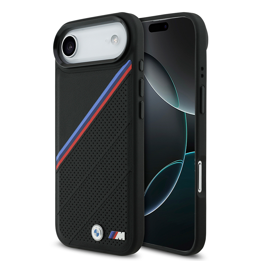 Apple iPhone 17 Air Uyumlu Kılıf BMW Orjinal Lisanslı M-safe Şarj Özellikli M Logolu Üç Şeritli Delikli Deri Kapak