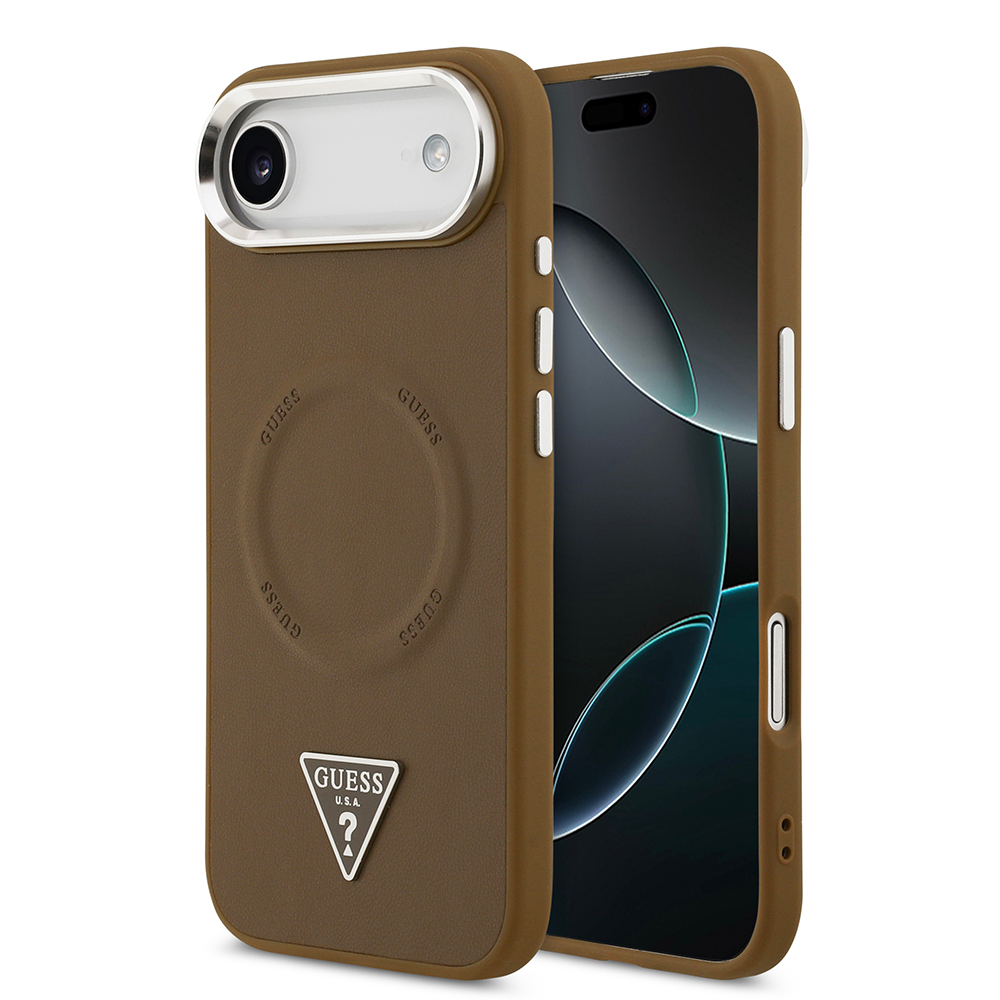 Apple iPhone 17 Air Uyumlu Kılıf Guess Orjinal Lisanslı M-safe Şarj Özellikli PU Deri Metal Kamera Çerçeveli Üçgen Logolu Kapak