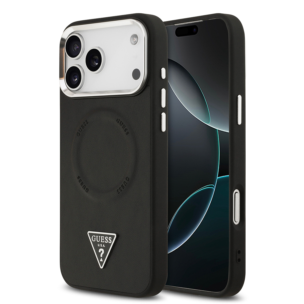 Apple iPhone 17 Pro Uyumlu Kılıf Guess Orjinal Lisanslı M-safe Şarj Özellikli PU Deri Metal Kamera Çerçeveli Üçgen Logolu Kapak