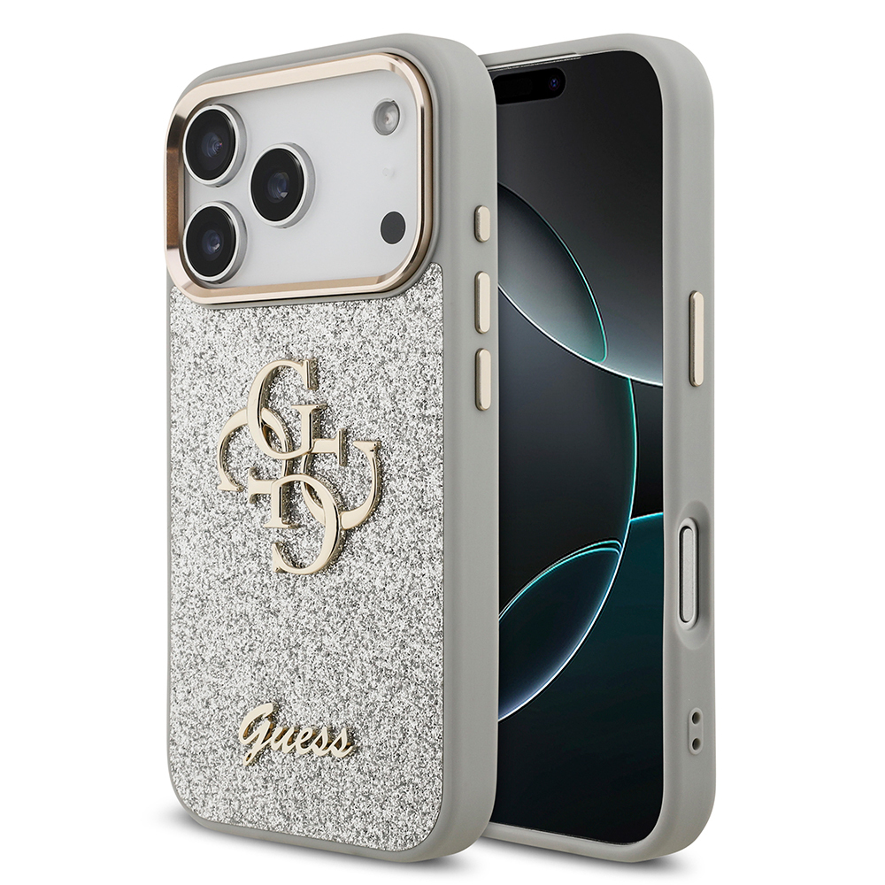Apple iPhone 17 Pro Uyumlu Kılıf Guess Orjinal Lisanslı 4G Büyük Metal Kamera Çerçeveli ve Logolu Glitter Kapak
